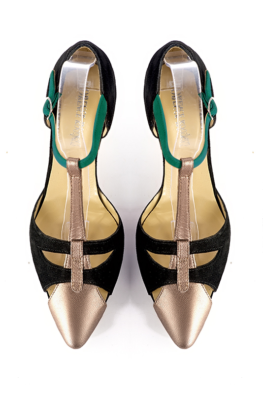 Tan beige, matt black and emerald green women's T-strap open side shoes. Tapered toe. High slim heel. Top view - Florence KOOIJMAN
